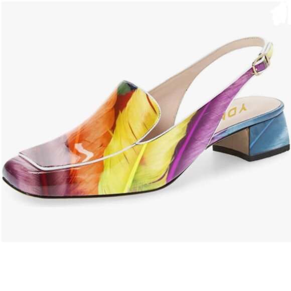 YDN Colorful-feather Square Toe Block Low Heels Slingback Formal Loafer Pump - Picture 1 of 8